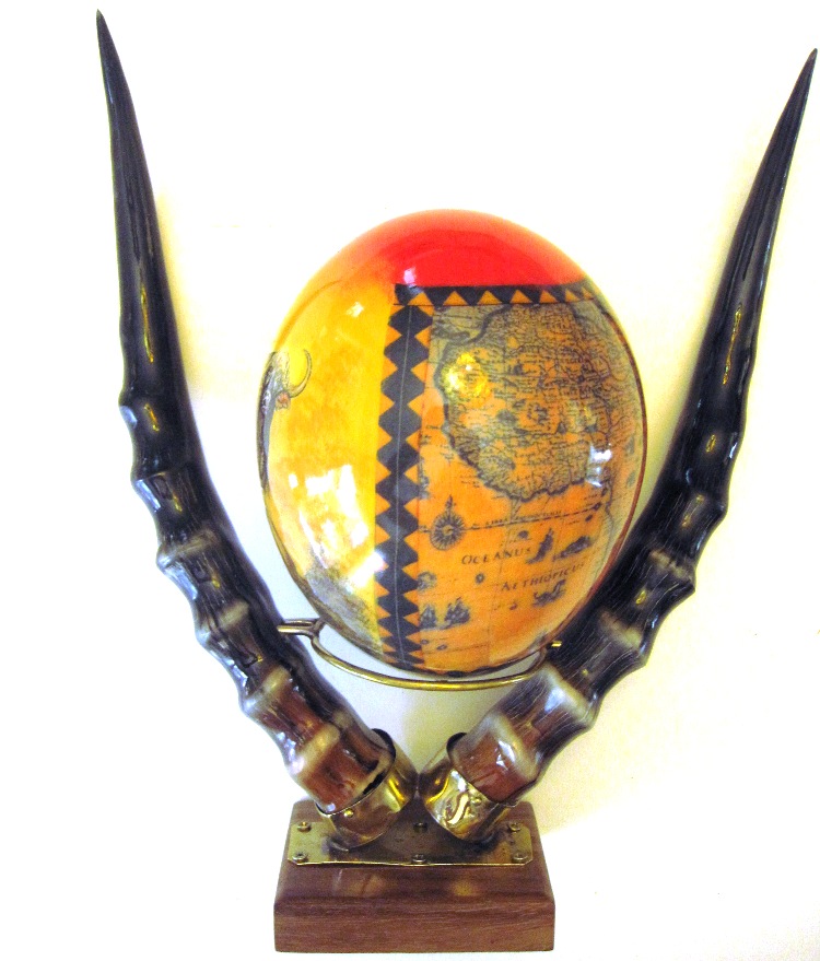 Big Five/Map of Africa Decoupage Ostrich Egg w Impala Horn Stand